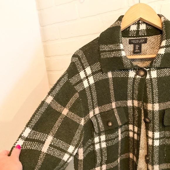 Rachel Zoe Shacket Plaid Cream Military Green Oversized Long sleeve Sz M - Picture 11 of 13